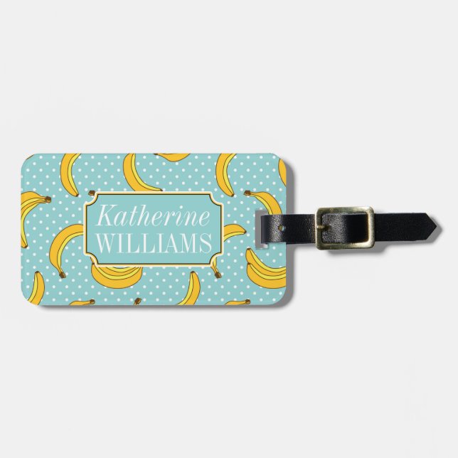 Custom Name Bananas And Polk Dots Luggage Tag (Front Horizontal)