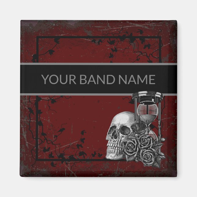 Custom Name Band Merch Skull Rose Rock Roll Gothic Magnet (Front)