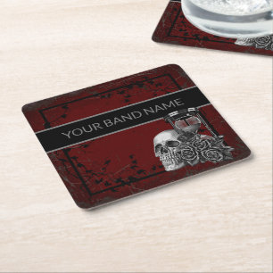 Custom Name Band Merch Skull Rose Rock Roll Gothic Square Paper Coaster