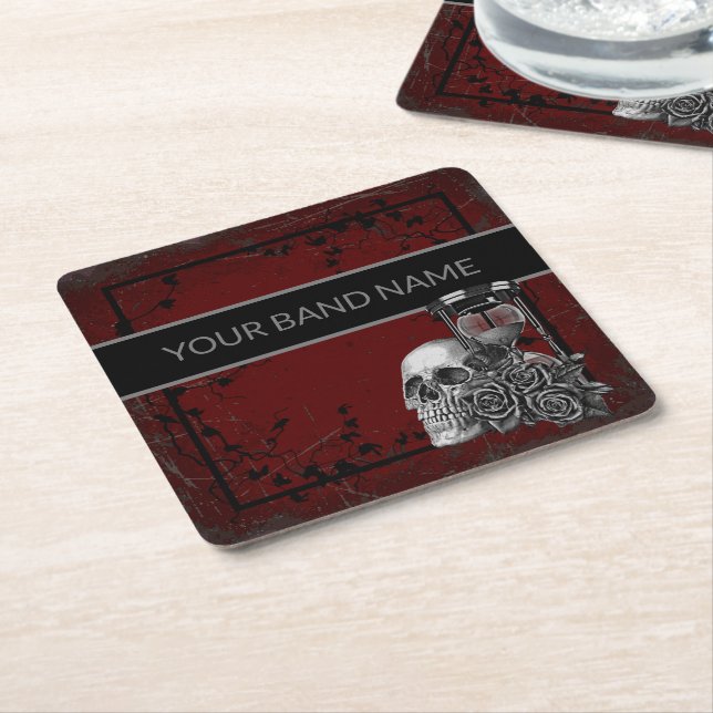 Custom Name Band Merch Skull Rose Rock Roll Gothic Square Paper Coaster (Angled)