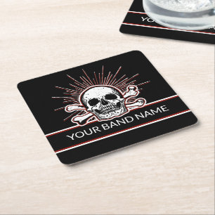 Custom Name Band Skull Bones Rock & Roll Punk Square Paper Coaster