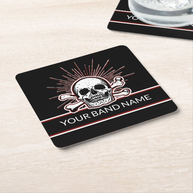 Custom Name Band Skull Bones Rock & Roll Punk Square Paper Coaster (Angled)