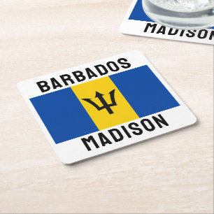 Custom Name Barbados Flag Square Paper Coaster