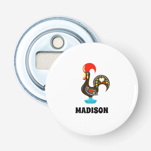 Custom Name Barcelos Portuguese Rooster Black Bottle Opener (Front)