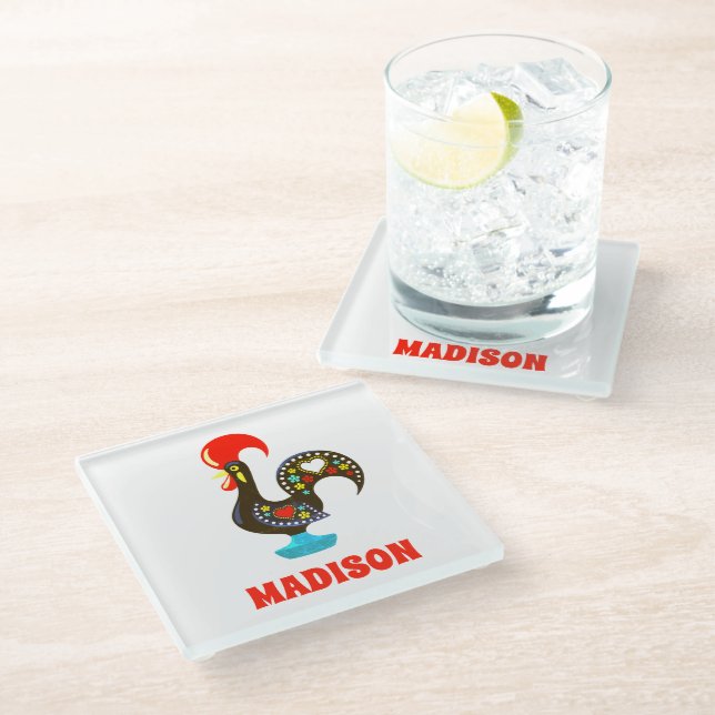 Custom Name Barcelos Portuguese Rooster Black Glass Coaster (Angled)