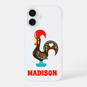 Custom Name Barcelos Portuguese Rooster Black iPhone 16 Case