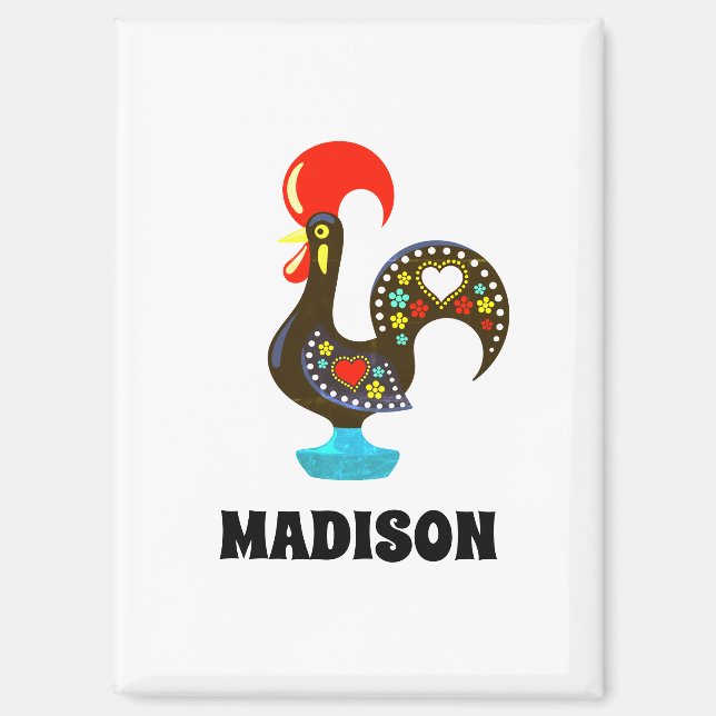 Custom Name Barcelos Portuguese Rooster Black Magnet (Front)