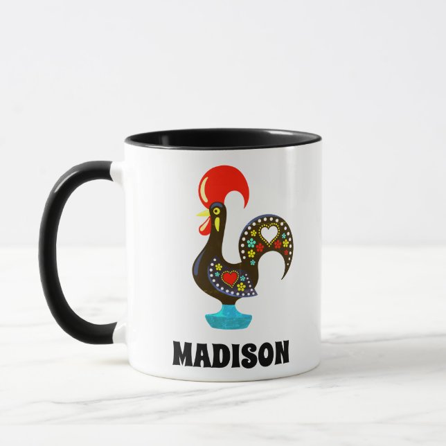 Custom Name Barcelos Portuguese Rooster Black Mug (Left)
