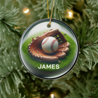 Custom Name Baseball Faux Glass‑Orb Look Ceramic Tree Decoration