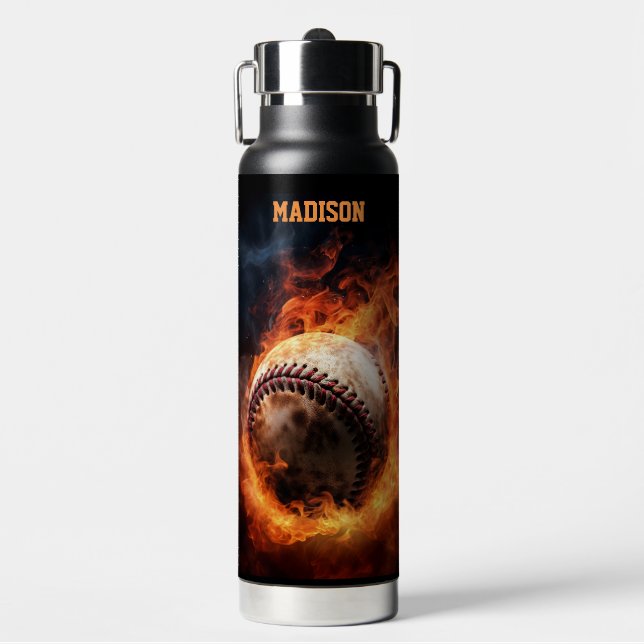 Custom Name Baseball on Fire Water Bottle (Front)
