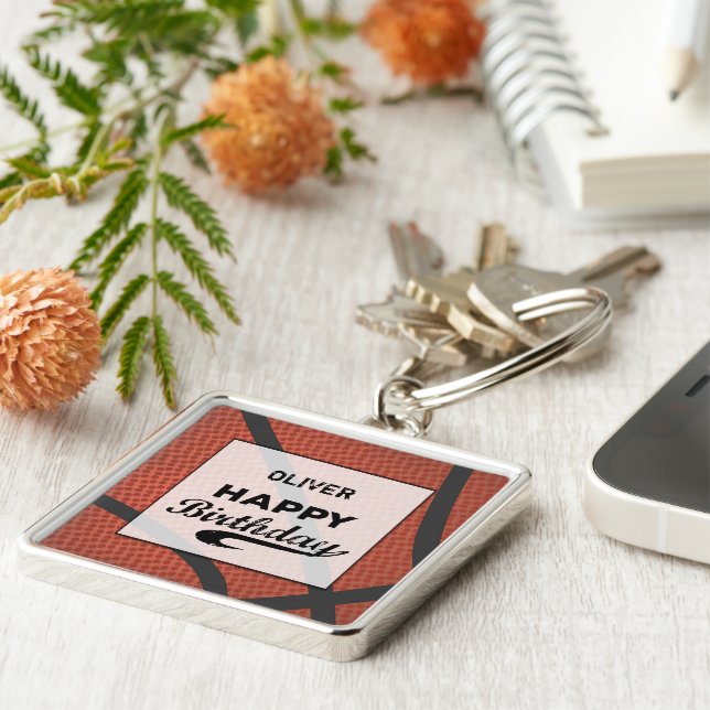 Custom Name Basketball Birthday Large Grunge Ball Key Ring (Side)