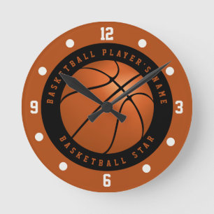 Custom Name Basketball Black and Orange Round Clock