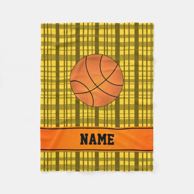 Custom name basketball yellow plaid fleece blanket (Front)