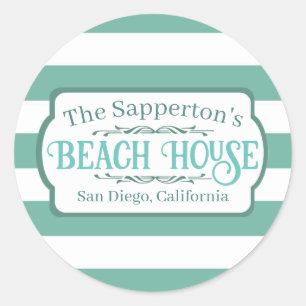 Custom Name Beach House Teal Stripes Classic Round Sticker
