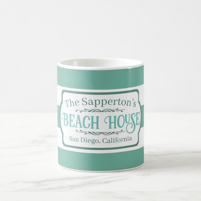 Custom Name Beach House Teal Stripes Coffee Mug (Center)