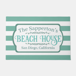 Custom Name Beach House Teal Stripes Doormat