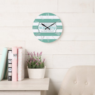 Custom Name Beach House Teal Stripes Large Clock