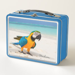 Custom Name Beach Parrot Metal Lunch Box