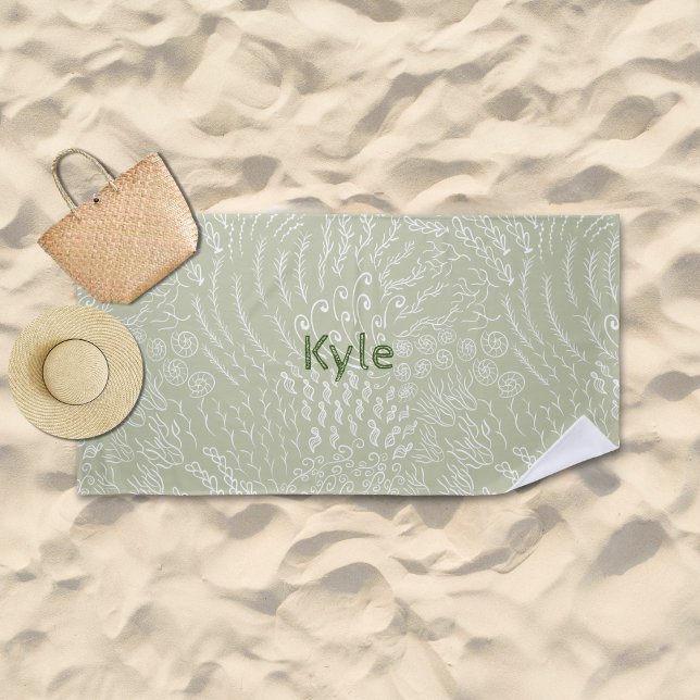 Custom Name Beach Towel –Sea Shell & Coral Print (Sage Ocean Scene Beach Towel
)