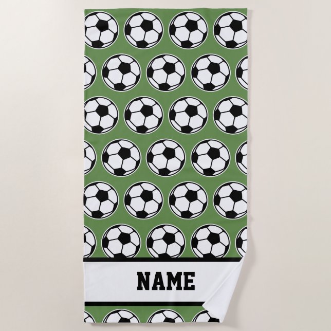 Custom name beach towel with soccer ball print (Front)
