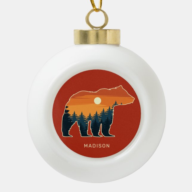 Custom name Bear Forest Ceramic Ball Christmas Ornament (Front)
