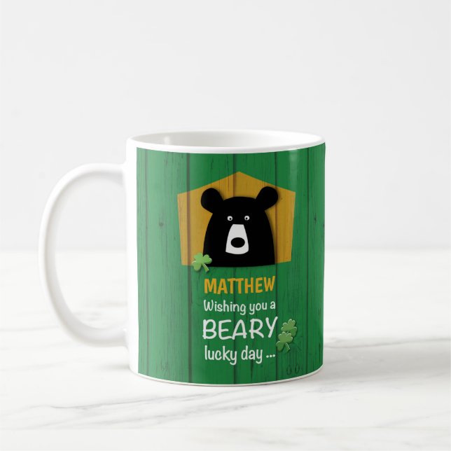 Custom Name, Bear & Shamrocks on St. Patrick's Day Coffee Mug (Left)