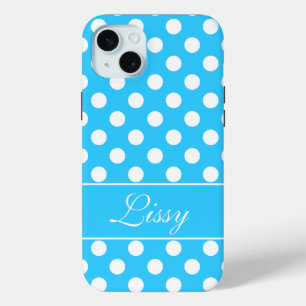 Custom Name, Beautiful Blue Colour White Polka Dot iPhone 15 Mini Case