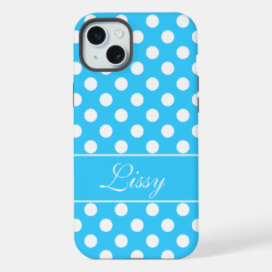 Custom Name, Beautiful Blue Colour White Polka Dot iPhone 15 Plus Case