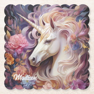 Custom Name Beautiful Unicorn Paper Coaster