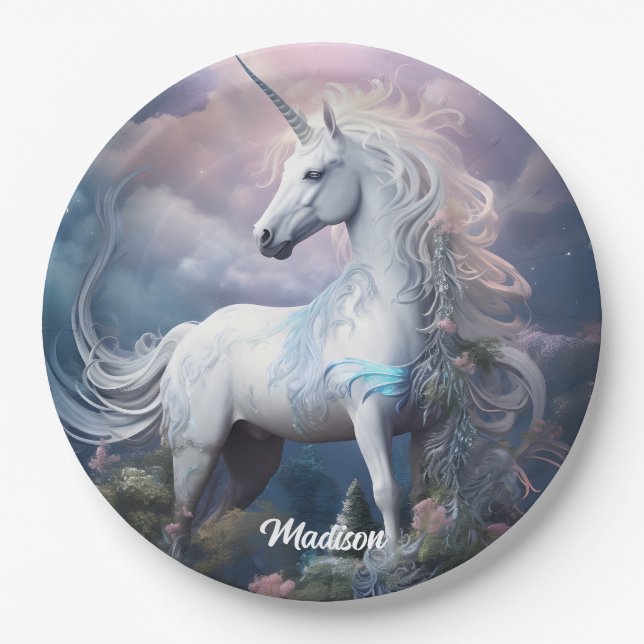 Custom Name Beautiful Unicorn Paper Plate (Front)