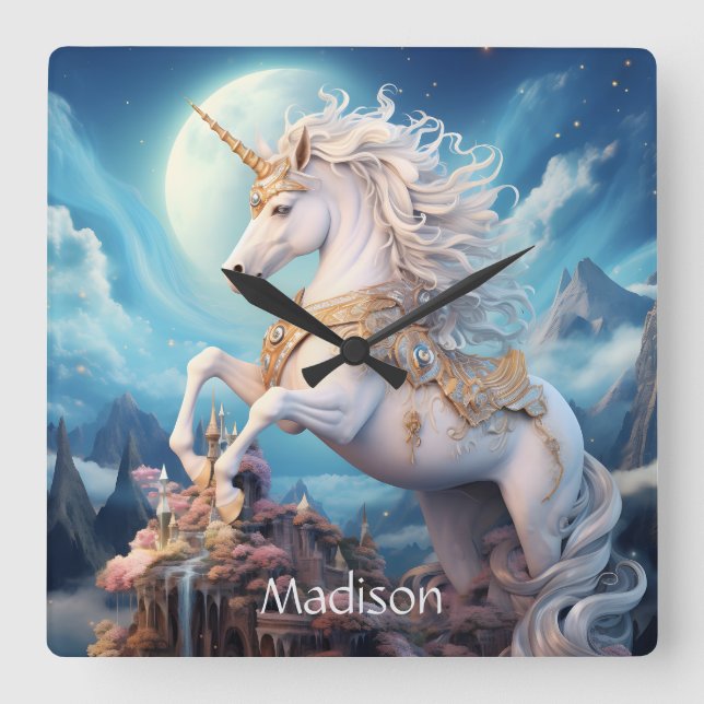 Custom Name Beautiful Unicorn Square Wall Clock (Front)