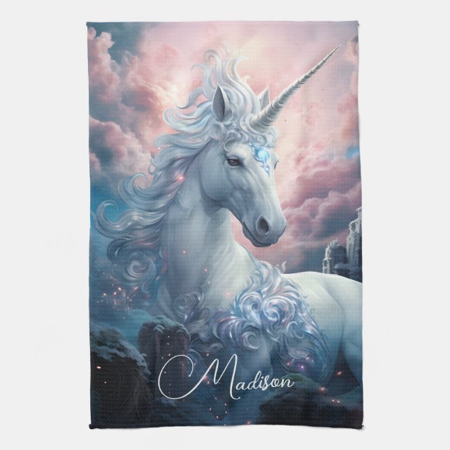 Custom Name Beautiful Unicorn Tea Towel (Vertical)