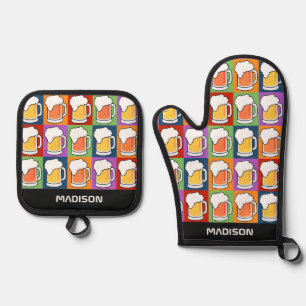 Custom Name Beer Pop Art Oven Mitt & Pot Holder Set