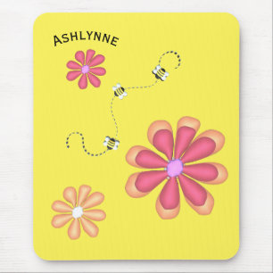 Custom Name Bees and Flowers on Yellow Mouse Pad