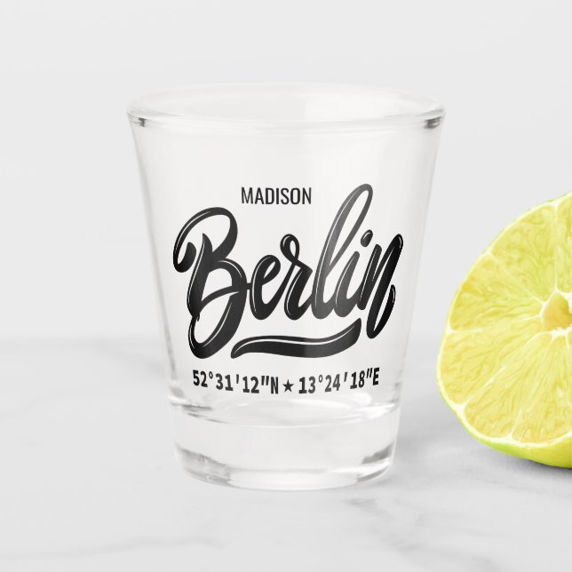 Custom Name Berlin Germany Coordinates Shot Glass (Front)