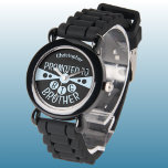 Custom name big brother black blue kids watch<br><div class="desc">Celebrate the special moment of becoming a big brother with this personalised kids' watch! Featuring a cool black and light blue design, this watch proudly says "Promoted to Big Brother" with your son's name right on the face. It's the perfect gift for any new big brother, making them feel extra...</div>