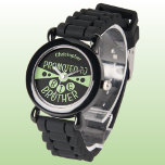 Custom name big brother black green kids watch<br><div class="desc">Celebrate the special moment of becoming a big brother with this personalised kids' watch! Featuring a cool black and light green design, this watch proudly says "Promoted to Big Brother" with your son's name right on the face. It's the perfect gift for any new big brother, making them feel extra...</div>