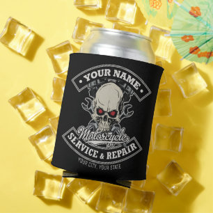 Custom NAME Biker Mechanic Skull Motorcycle Garage Can Cooler
