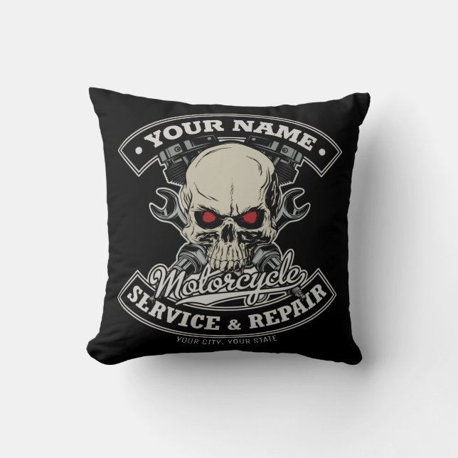 Custom NAME Biker Mechanic Skull Motorcycle Garage Cushion (Front)