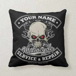 Custom NAME Biker Mechanic Skull Motorcycle Garage Cushion