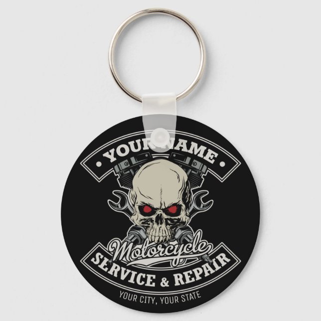 Custom NAME Biker Mechanic Skull Motorcycle Garage Key Ring (Front)