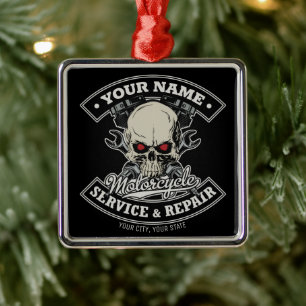 Custom NAME Biker Mechanic Skull Motorcycle Garage Metal Tree Decoration