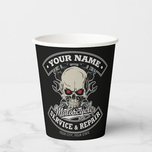 Custom NAME Biker Mechanic Skull Motorcycle Garage Paper Cups (Front)