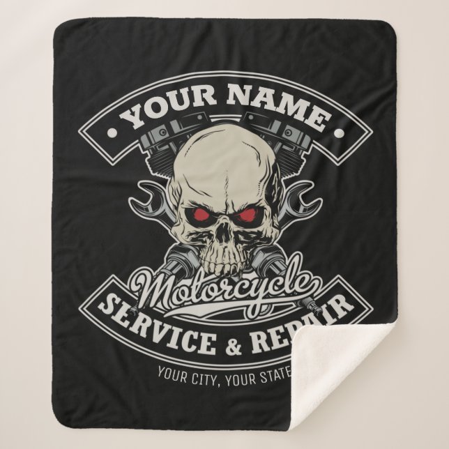 Custom NAME Biker Mechanic Skull Motorcycle Garage Sherpa Blanket (Front)