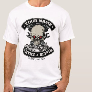 Custom NAME Biker Mechanic Skull Motorcycle Garage T-Shirt