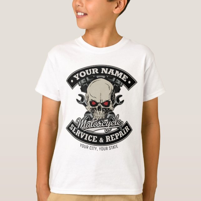Custom NAME Biker Mechanic Skull Motorcycle Garage T-Shirt (Front)