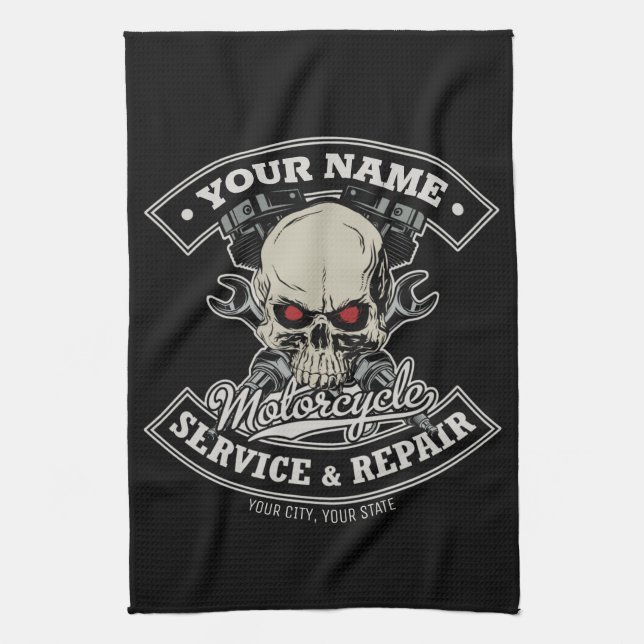 Custom NAME Biker Mechanic Skull Motorcycle Garage Tea Towel (Vertical)