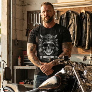 Custom Name Biker Skull Retro Motorcycle T-Shirt