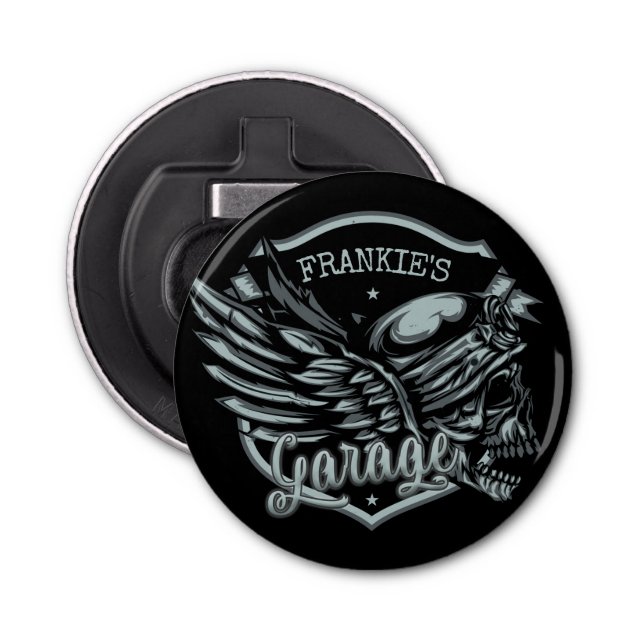 Custom NAME Biker Skull Wings Motorcycle Garage Bottle Opener (Front)