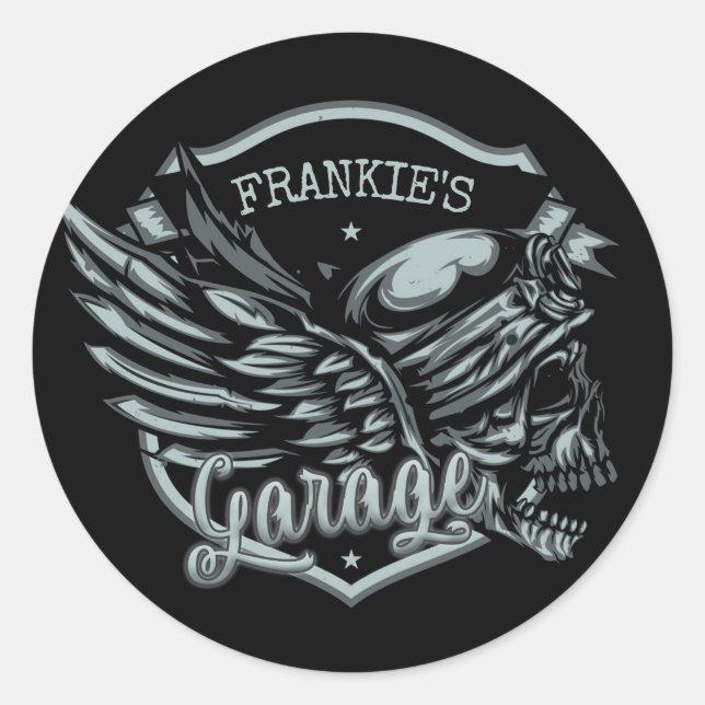 Custom NAME Biker Skull Wings Motorcycle Garage Classic Round Sticker (Front)